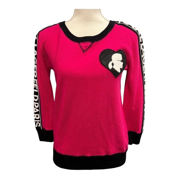Karl Lagerfeld Paris XS Signature Heart Patch Sweater Top Spell Out Sleeves Pink - Picture 1 of 8